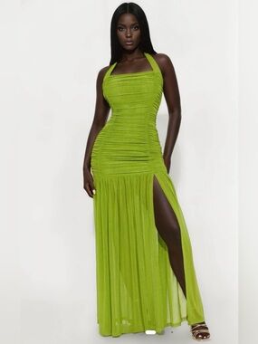 Green Halter Ruched Maxi Dress with High Slit